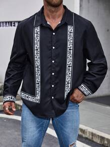 SHEIN Manfinity Homme 男裝大尺寸幾何印花鬆身鈕扣襯衫 - 黑色 - 查看 4