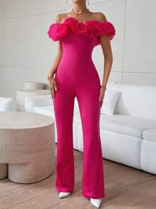 SHEIN Privé Ladies Off Shoulder Lace Trim Flared Jumpsuit - Hot Pink - View 5