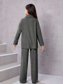 SHEIN Leap Crew 中大童女孩寬鬆復古高領寬鬆條紋襯衫和長褲兩件套裝 - 深灰色 - 查看 2