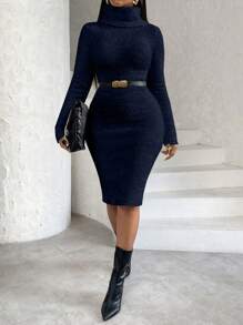 SHEIN Slayr Của phụ nữ Cổ cao Màu thuần Váy bodycon - Xanh đậm - Xem 3