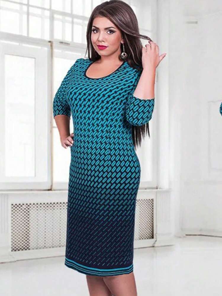 Plus Size Women's Full-length Geometric Print Bodycon Dress