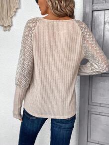 SHEIN LUNE Của phụ nữ Ren Vá lại Tay Raglan Áo thun - Màu be - Xem 2