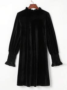 Acelitt Long Sleeve Velvet Dress With Frill Trim - Black - View 6