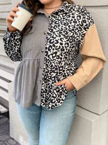 SHEIN LUNE Plus Size Women's Leopard Print Drop Shoulder Shirt - Multicolor - View 4