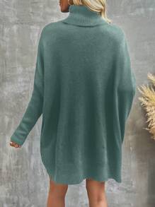 SHEIN LUNE Women's Solid Color High Neck Batwing Sleeve Sweater Dress - Green - View 2
