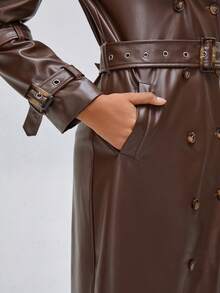 CHEYENNE SAHARA Đôi ngực Thắt lưng chất liệu da PU Áo khoác Trench - màu nâu - Xem 7