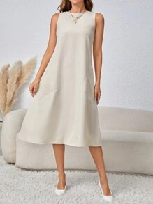 EMERY ROSE Slanted Pocket Sleeveless Vest Style Dress - Apricot - View 3