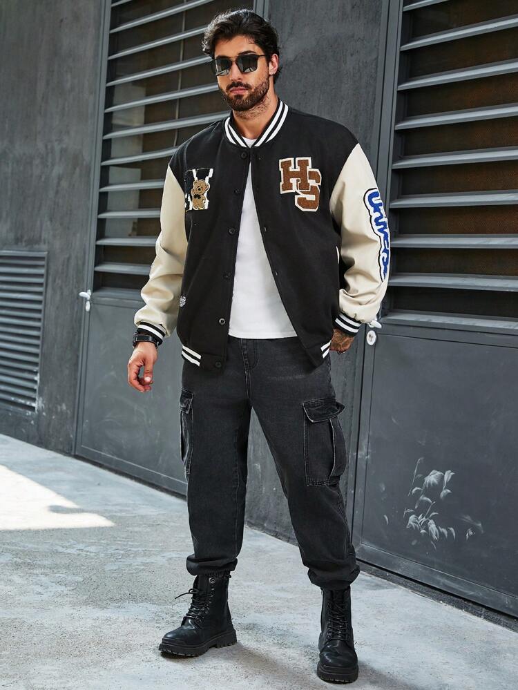 Men Plus Size Baseball Jacket With Letter & Teddy Bear Applique, Grunge, Fall