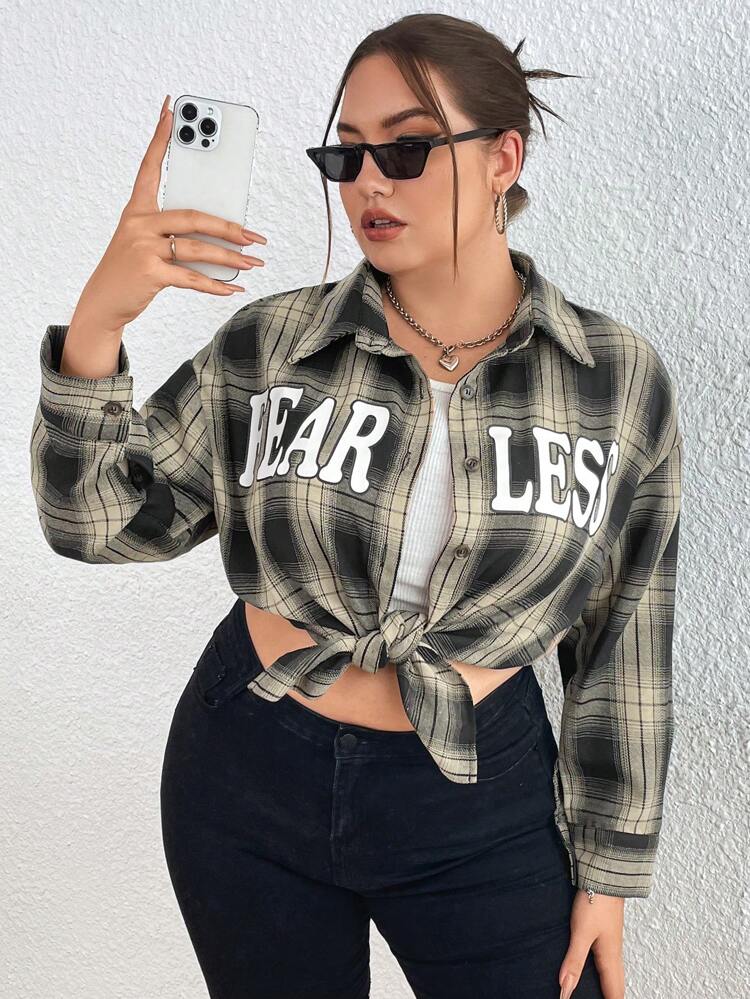 Plus Size Plaid Print Shirt With Lettering Design