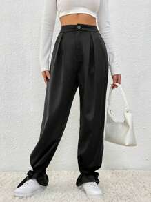 SHEIN LUNE Solid Color Pleated Pants With Ankle Ties Fall Cloth For Women - Black - View 6