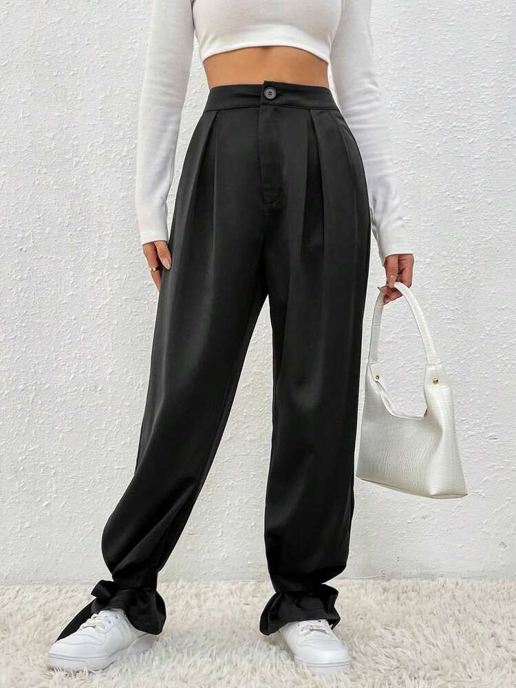 Solid Color Pleated Pants With Ankle Ties Fall Cloth For Women