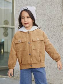 SHEIN Girls' Casual Style Color Block Long Sleeve Hooded Jacket - Khaki - View 5