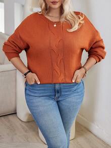 SHEIN CURVE+ 加大尺碼寬鬆下垂肩毛衣 - 駝色 - 查看 4