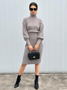 SHEIN Privé 女士高領束腰針織連衣裙 - 卡其色 - 查看 3