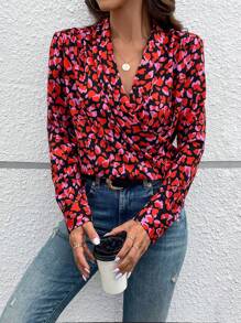 SHEIN LUNE 女款心形圖案裹身襯衫 - 彩色 - 查看 1