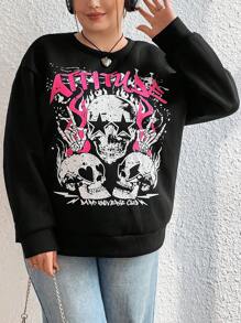 Flirla Plus Size Skull And Text Print Pullover Sweatshirt