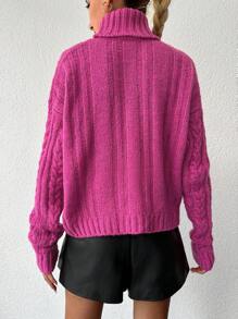 EURMUSE Turtleneck Cable Knit Drop Shoulder Sweater - Pink - View 2