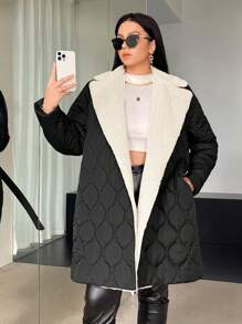 SHEIN Essnce 大码女式翻领保暖内衬腰带夹棉大衣 - 彩色 - 查看 1