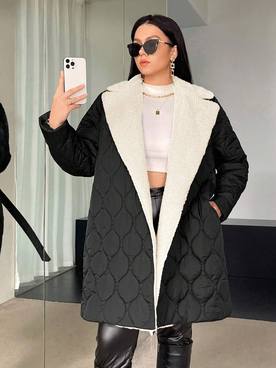 SHEIN Essnce 大码女式翻领保暖内衬腰带夹棉大衣 - 彩色 - 查看 1