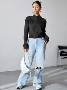 SHEIN Unity 女款拉鍊插肩袖開襟衫 - 黑色 - 查看 3