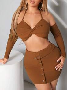 SHEIN SXY Gợi cảm Trang phục câu lạc bộ Xoắn Dây đeo thắt nút Halter Neck Giải trí Dệt kim Của phụ nữ Bộ - màu nâu - Xem 1