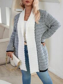 Calvaya Plus Size Patchwork Cardigan Sweater - Black and White - View 3