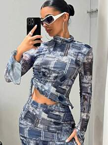 SHEIN ICON 滿版印花側抽繩喇叭袖小高領不對稱下擺網紗T恤 - 藏蓝色 - 查看 3