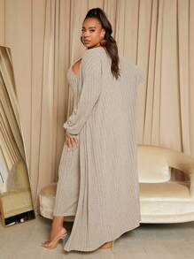SHEIN SXY Women's Plus Size Ribbed Knit Cardigan And Sleeveless Dress Set - Apricot - View 2
