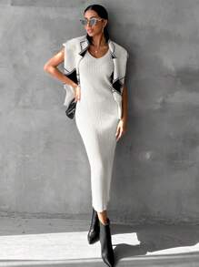 EURMUSE Drop Shoulder Sweater & Ribbed Knit Skirt - Beige - View 5