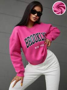 SHEIN PETITE Letter Graphic Drop Shoulder Sweatshirt - Hot Pink - View 1