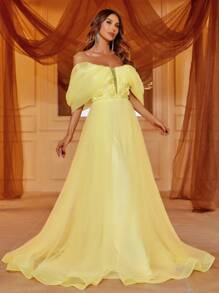 Organza Chiffon One-Shoulder Prom Party Dress - Yellow - View 1