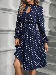 SHEIN Clasi 女士圓點印花燈籠袖連身裙 - 藏蓝色 - 查看 4