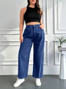 RueChic Plus High Waist Wide Leg Jeans - Blue - View 5