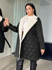 SHEIN Essnce 大码女式翻领保暖内衬腰带夹棉大衣 - 彩色 - 查看 6
