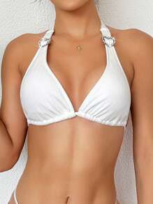 SHEIN Swim Women's Halter Neck Bikini Top - White - View 1