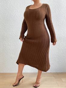 Flirla Sweater Kleid In Vintage-stil Für Damen In Übergröße Mit U-ausschnitt Und Ausgestellten Ärmeln - Kaffeebraun - Übersicht 1