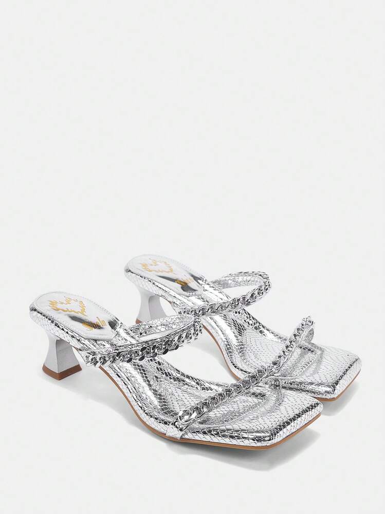 CUCCOO SZL Zapatillas De Moda Para Mujeres Con Decoración De Cadena De Metal - Plateado - Ver 1