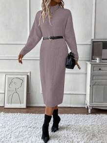 SHEIN Clasi Solid Color Stand Collar Drop Shoulder Long Sleeve Dress - Dusty Pink - View 3