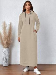 Casual Side Pockets Drawstring Hooded Long Sweatshirt Dress For Autumn/Winter - Khaki - View 3