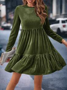 SHEIN Clasi Women's Long Sleeve Ruffle Hem Dress - Army Green - View 1