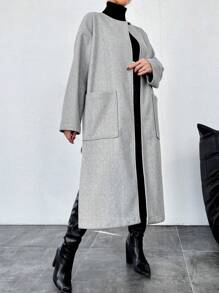 SHEIN Cottnline Women's Grey Round Neck Buttonless Coat - Grey - View 4