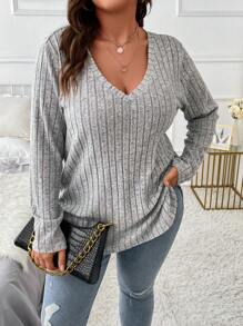 SHEIN Plus V Neck Marled Knit Tee Fall Cloth For Women - Light Grey - View 2