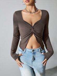 SHEIN Unity Màu thuần Xoắn Nút & Viền chia cắt Áo - Cà phê nâu - Xem 5