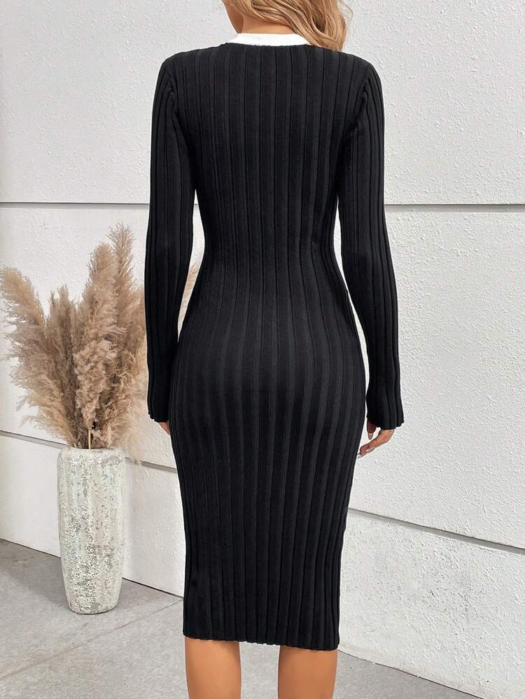 Contrast Color Cutout Fitted Sweater Dress Fall Cloth For Women