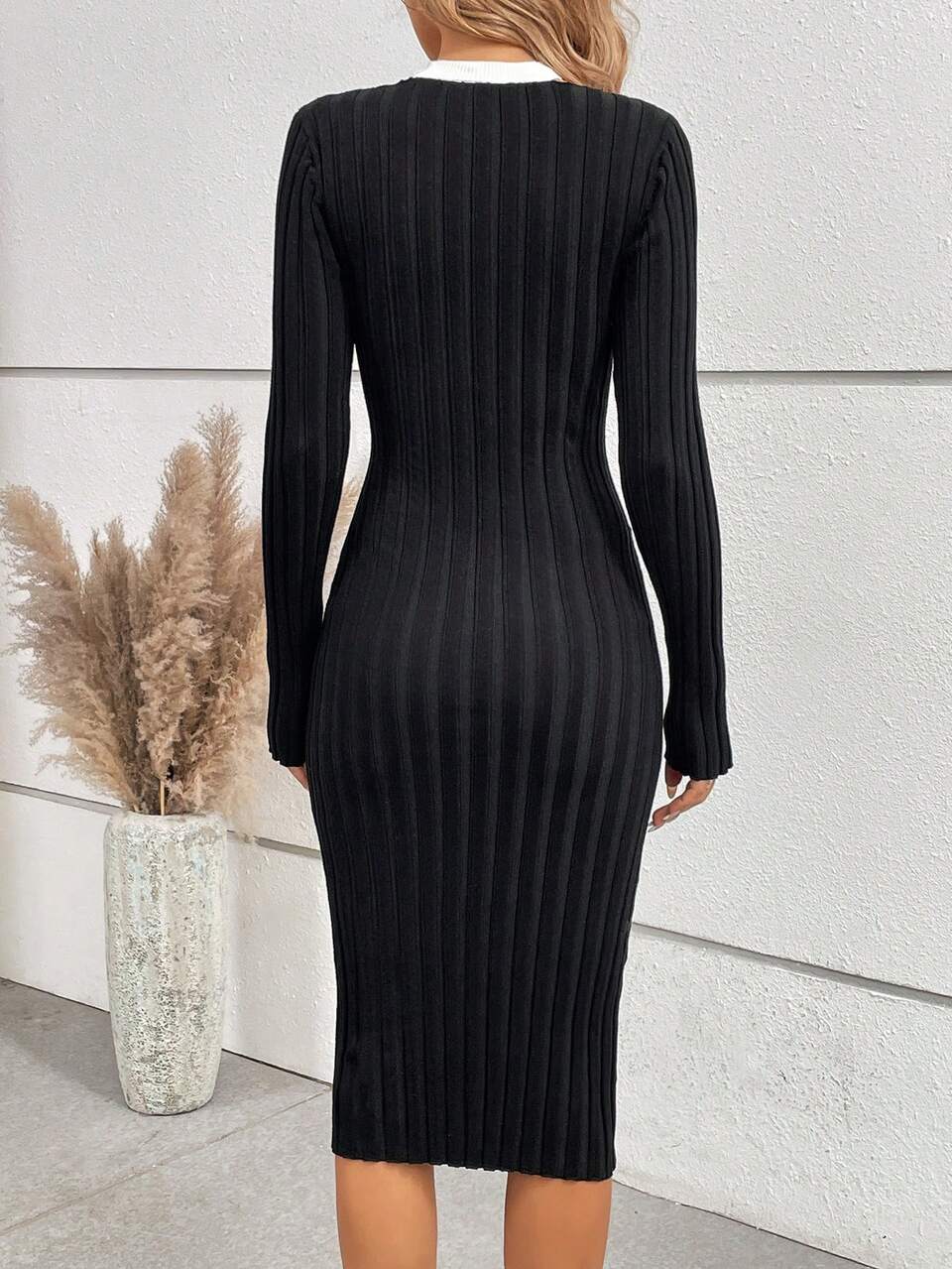 Contrast Color Cutout Fitted Sweater Dress Fall Cloth For Women