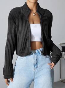SHEIN Unity 女款拉鍊插肩袖開襟衫 - 黑色 - 查看 1