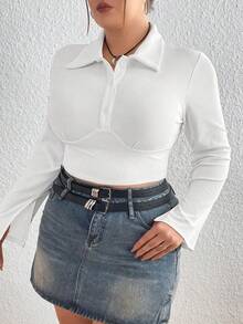 Flirla Plus Size Long Sleeve Turn-down Collar T-shirt - White - View 3