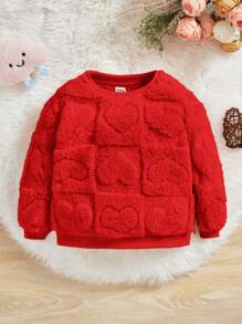 SHEIN Đứa bé gái Dễ thương Hình trái tim Dày lên Lông cừu Vòng cổ Áo nỉ - Đỏ - Xem 1