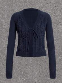 SHEIN EZwear 前繫帶麻花編織開襟衫 - 寶藍色 - 查看 1