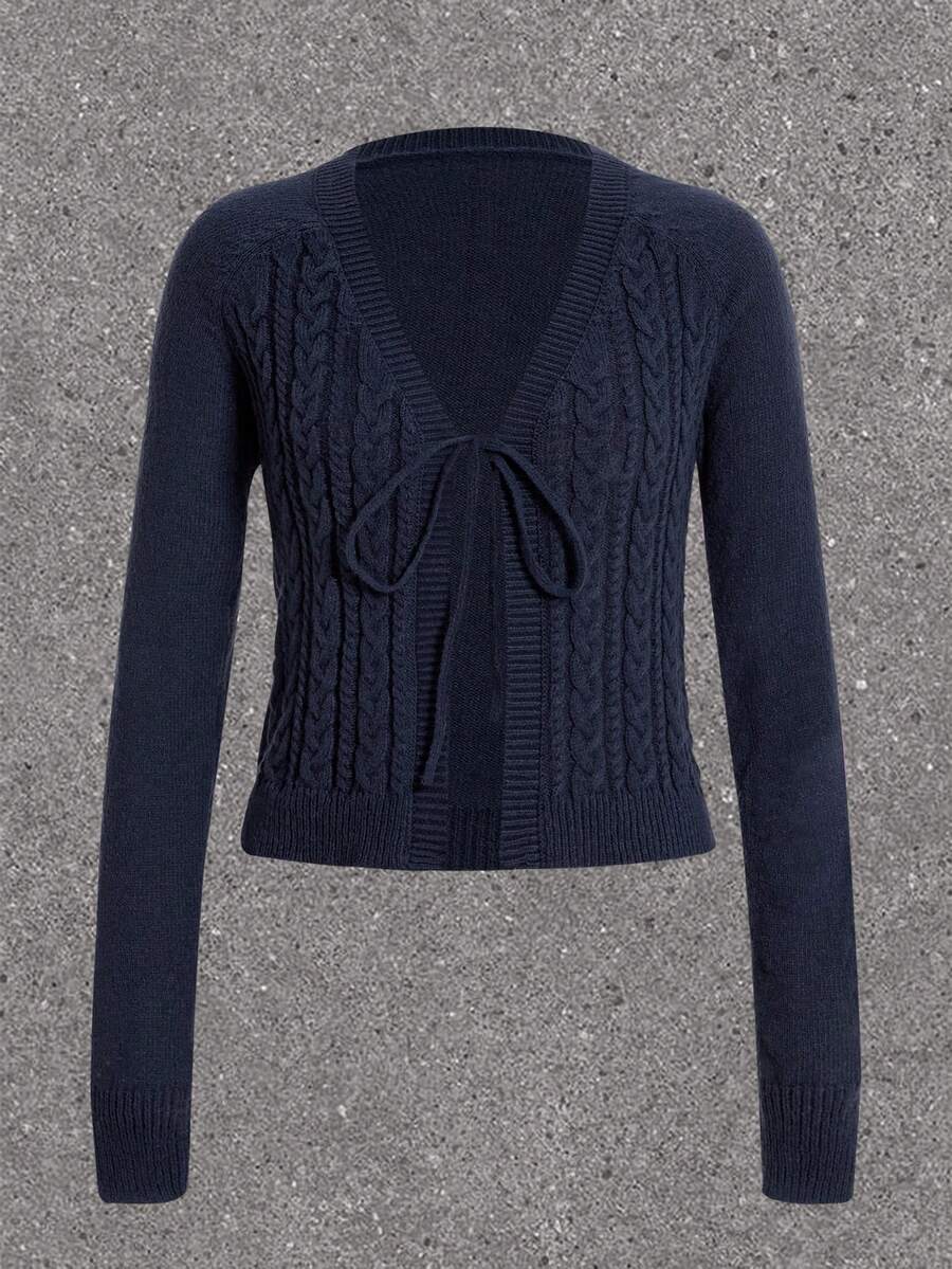 SHEIN EZwear 前繫帶麻花編織開襟衫 - 寶藍色 - 查看 1
